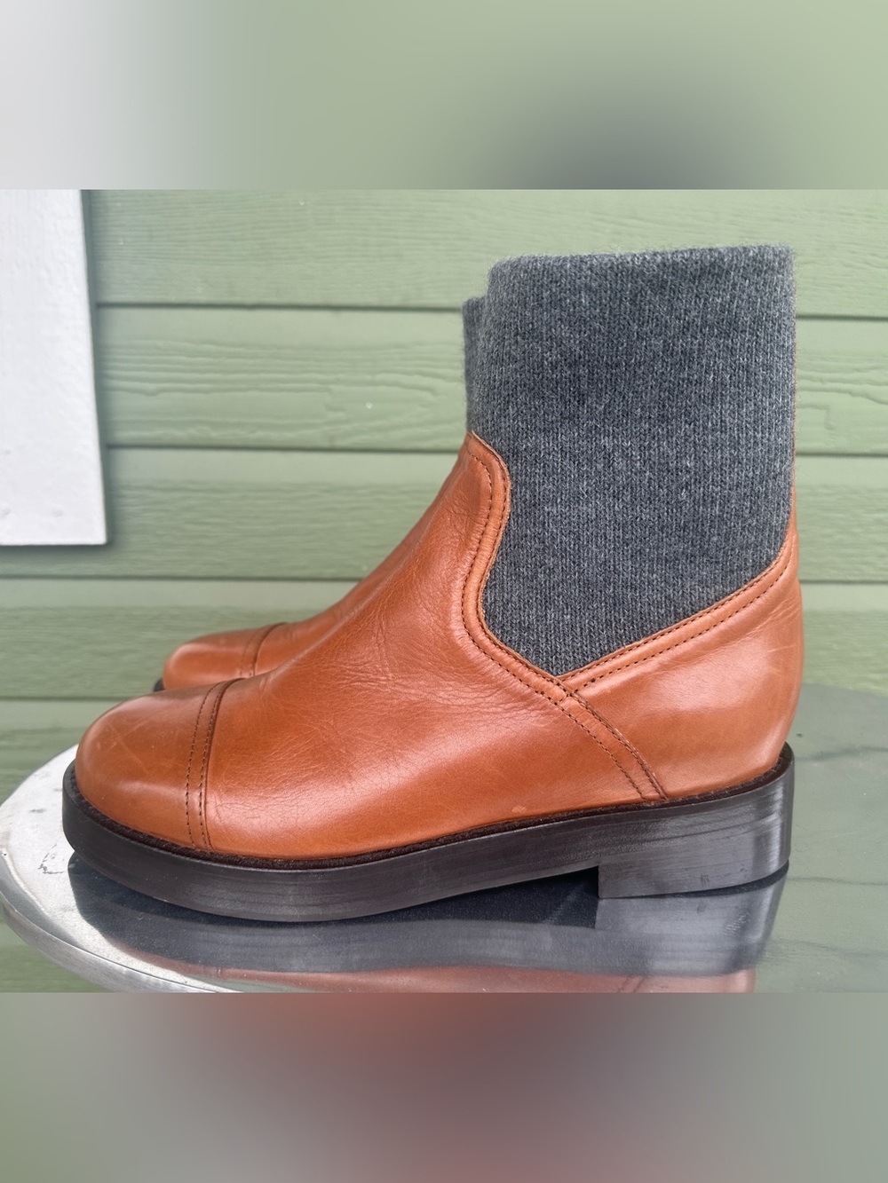 J Crew Rib Cuff Italian Leather Boots - Cognac Brown and Gray